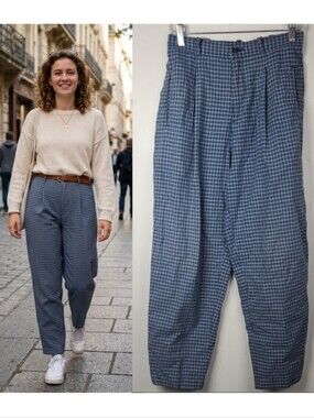 Vintage Liz Sport Blue Gingham Plaid Cotton High Rise Pleated Tapered Pants 10
